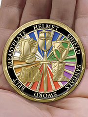 A two-sided removable Challenge Coin accompanies each knight