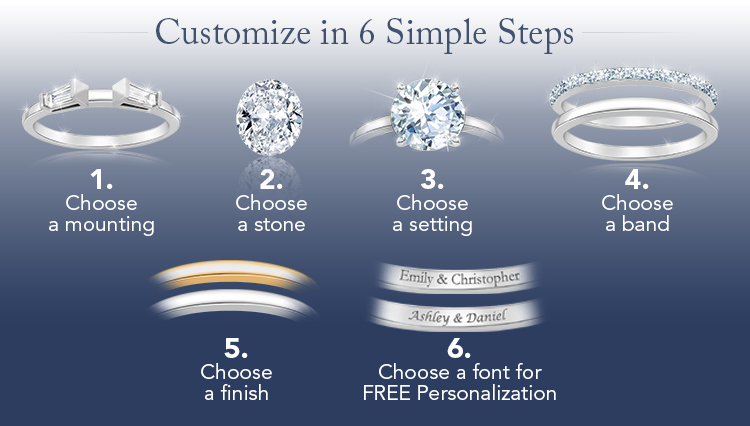 Customize in 6 Simple Steps: 1. Choose a mounting 2. Choose a stone 3. Choose a setting 4. Choose a band 5. Choose a finish 6. Choose a font for FREE Personalization