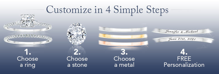 Customize in 4 Simple Steps: 1. Choose a ring 2. Choose a stone 3. Choose a metal 4. FREE Personalization